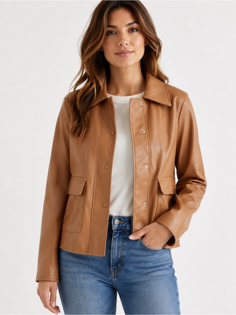 49. Sam Edelman •  Tan Faux Leather Snap-Front Jacket PTP 20”